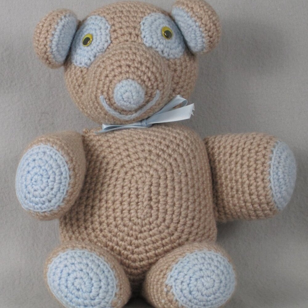 Cute Handmade Crochet Teddy Bear – Brown & Blue – New (No Tag)